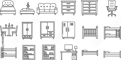 Modern Furniture Line Icon Set featuring Bed Sofa Wardrobe Desk Bookshelf and Household Interior Vector Illustrations for Home Decor Design Projects