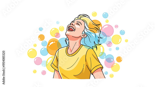 Animestyle person laughing with head tilted back surrounded by colorful bubbles