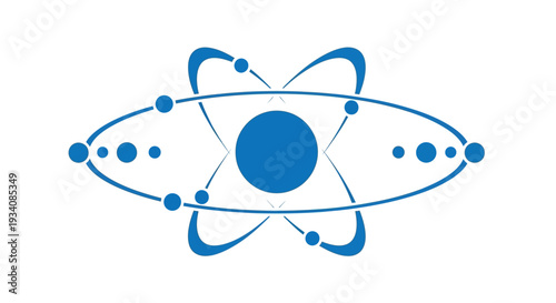Abstract illustration of an atom with orbital paths and energy spheres on a white backdrop