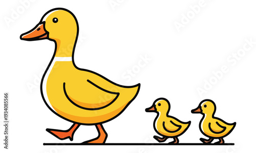 Mother Duck and Two Ducklings Walking Simple Line Art Illustration