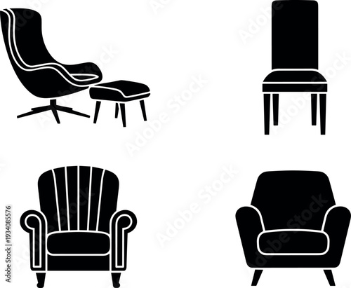 Set of black furniture icons including lounge chair with ottoman dining chair classic armchair and modern sofa seat vector illustrations
