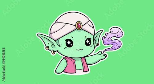 Green character raises hand, swirling purple smoke over vivid green scene
