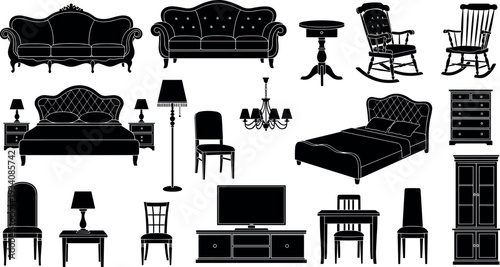 Vintage and Modern Home Furniture Silhouette Icons Set Featuring Sofas Beds Tables Chairs Lamps and Storage Units for Interior Design