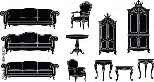 Vintage Antique Furniture Silhouette Set with Luxury Baroque Sofas Armchairs Classic Round Tables Ornate Wardrobes and Royal Victorian Home Interior Elements