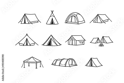 Tent, camping simple outline icon set