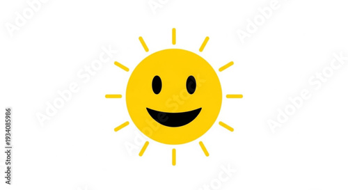 Smiling sun with yellow rays on white background symbolizing happiness and warmth in a simple cartoonish style