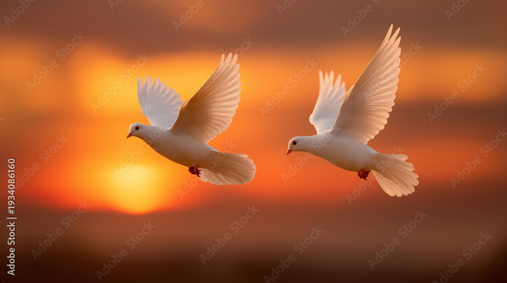 Fototapeta premium Pair of white doves in flight against a blazing orange sunset, wings fully extended, defocused horizon clouds below, peace, freedom, holy spirit, hope, divine symbol, spirituality, faith,