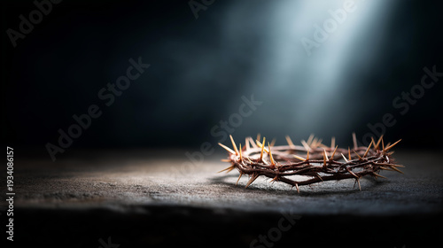 Dramatic image of a crown of thorns on dark stone surface illuminated by a single shaft of light, defocused crosses in background, Good Friday, sacrifice, Passion, Easter, suffering, redemption,