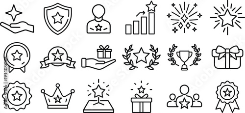 Awards and recognition icons set star medal trophy gift and diploma symbols
