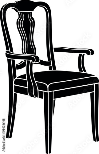 Black and white silhouette of vintage wooden armchair with decorative splat, curved armrests, high back, classic furniture vector illustration