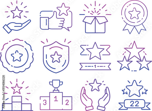 Set of reward and achievement line icons with stars, hands holding stars, thumbs up, and badges