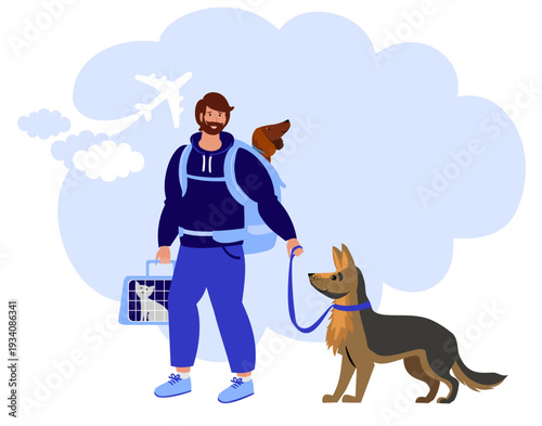 Cartoon carriers for dogs and cats vector illustration isolated on white. Young guy trip together with happy pets, cute animal. Pet owner. Cat and dog travel together. Concept of traveling with pets. 