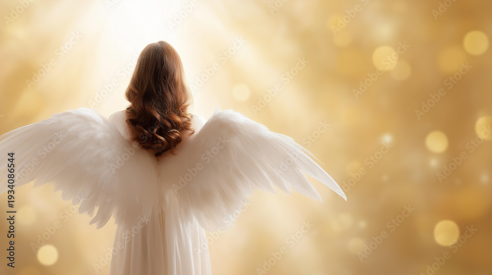 Obraz premium Glowing female figure with large feathered white wings in a beam of heavenly light, faceless, soft defocused golden background, angel, heaven, divine beauty, spiritual guardian, ethereal, hope,