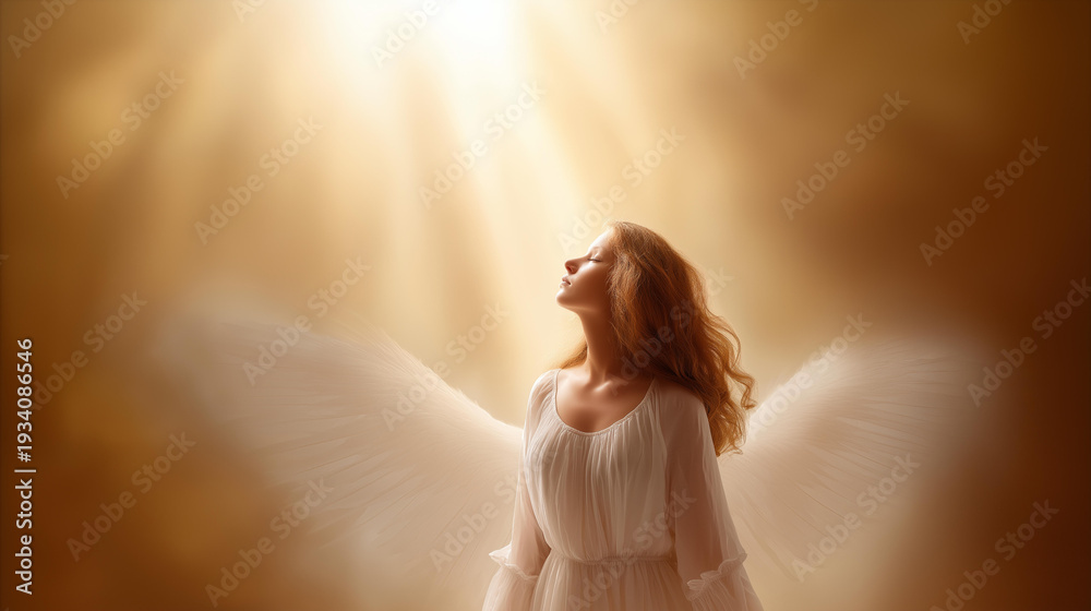 Obraz premium Glowing female figure with large feathered white wings in a beam of heavenly light, faceless, soft defocused golden background, angel, heaven, divine beauty, spiritual guardian, ethereal, hope,