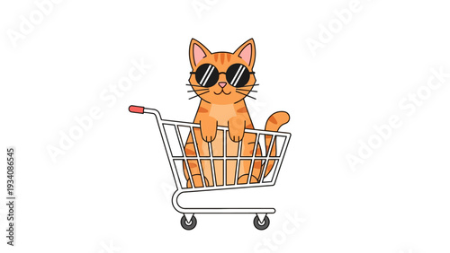 Cartoon orange tabby cat wearing sunglasses sitting in a shopping cart