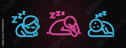 Sleeping person neon sign icon, glowing pink line art of man resting with zzz symbols, bedtime and exhaustion concept on dark background, electric light illustration.