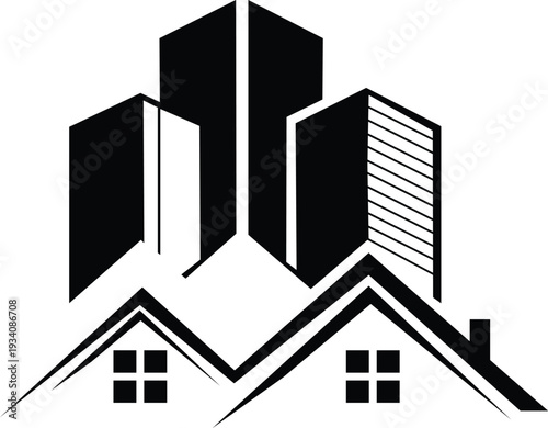 Minimal black silhouette icon combining residential houses and modern buildings symbolizing real estate development, construction services, property investment, and urban architecture concept.