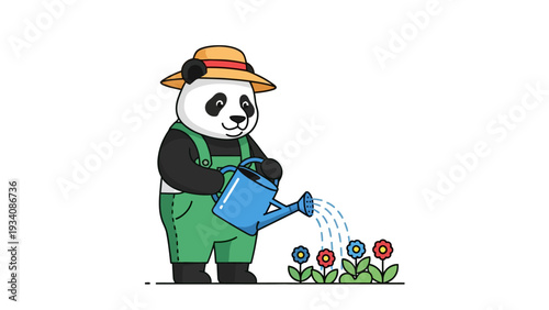 Cartoon panda in overalls and a straw hat waters colorful flowers with a blue watering can