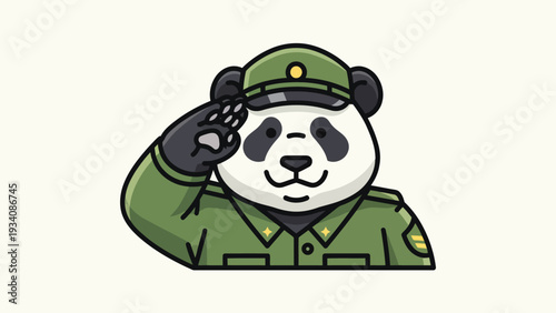 Cartoon panda in green military uniform saluting against a white background