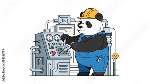 Cartoon panda operator wearing a hard hat working industrial machinery controls