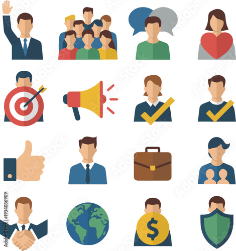 Create on Community and society icon set. People, diversity, inclusion, teamwork, social support, equality, family, nonprofit icons vector art with white background
