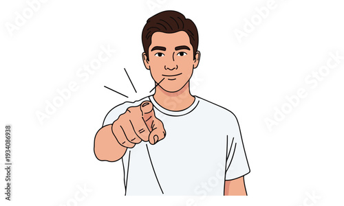 Young Man Pointing Finger at Viewer, Hand Gesture Illustration