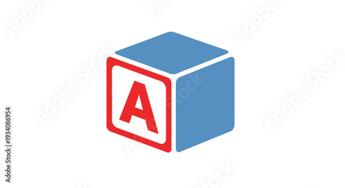 A blue and red letter A educational cube design on a white background minimal art