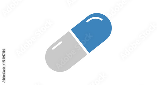 A graphic illustration depicting a blue and gray capsule-shaped medicinal tablet on white background