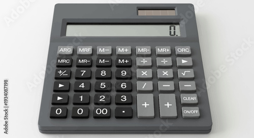A gray calculator displaying the zero digit, a tool for basic mathematical operations
