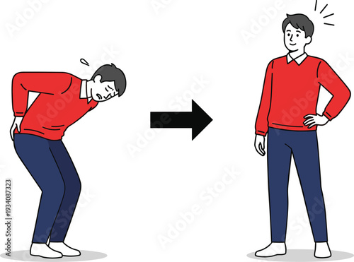 Back pain relief concept illustration, man suffering from lower backache before and after treatment recovery posture improvement