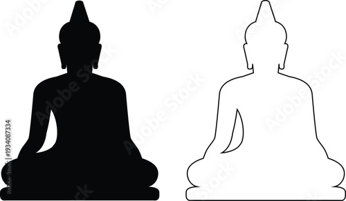 Buddha Statue Silhouette and Outline Vector Illustration, Sacred Zen and Meditation Symbol Isolated on White Background.
