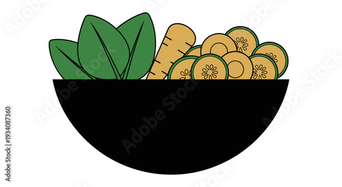 A vibrant illustration of a healthy meal bowl featuring fresh vegetables and greenery