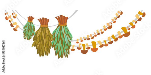 Mushrooms on rope. Autumn season elements and symbols, fall. Mushrooms, natural, organic and fresh products. Old traditional Russian culture. Colorful vector isolated illustration hand drawn. vector