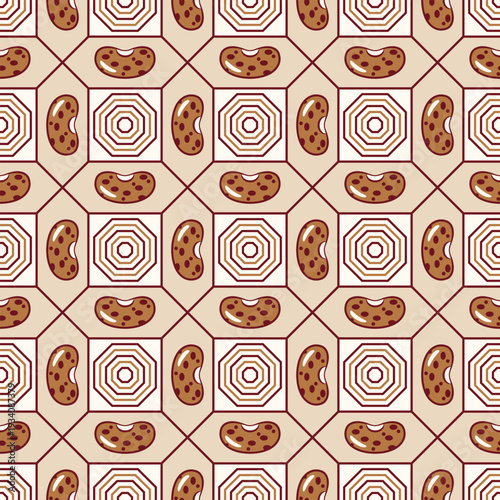 Seamless geometric pattern of pinto beans on hexagonal grid. Simple vector icons, hexagonal linear shapes, flat design. Suitable for food packaging, organic labels, wellness branding