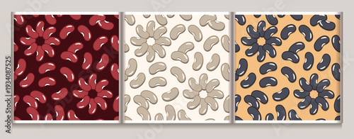 Set of seamless patterns with randomly scattered kidney beans. Minimalist flat vector icons on colorful backgrounds. Some beans are arranged in flower shape. For organic food packaging, textile prints