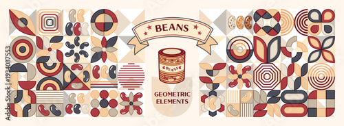 Icon set of kidney beans in simple geometric style. Includes flat pictograms, abstract geometric shapes. Perfect for branding, organic packaging, grocery store labels, vegan and vegetarian food