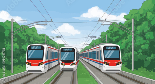 Three modern trains on parallel tracks, surrounded by lush green trees and blue sky