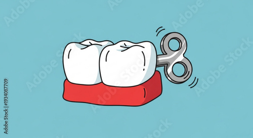 Dental illustration of two white teeth on red gum with silver scissors cutting through symbolizing dental care and tooth separation