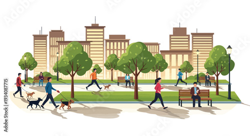 People enjoying park activities with cityscape background, walking dogs, running, and relaxing on benches.