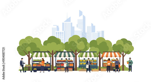 Farmers Market Scene with City Skyline and People Shopping Among Stalls