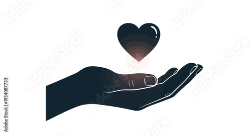 A dark silhouette of an open hand holding a glowing heart, symbolizing care and love and human connection.