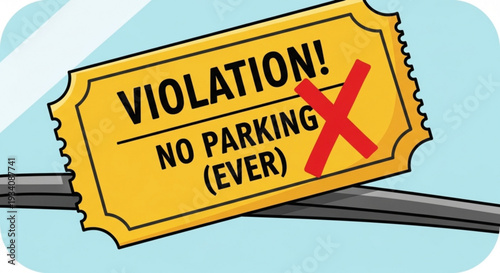 Yellow parking violation ticket with red x on light blue background