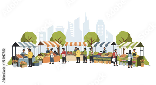 Εκτύπωση καμβά People Shopping at Outdoor Farmers Market with City Skyline Background