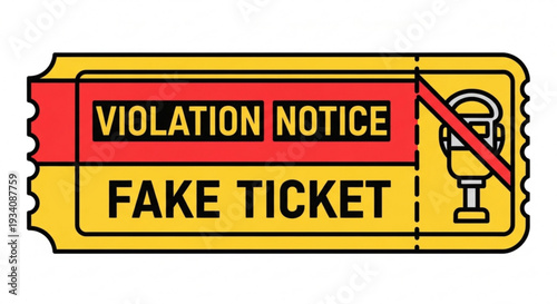 Fake ticket stub with violation notice and red diagonal line through it on white background