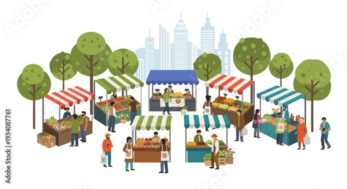 Diverse Farmers Market Scene with Shoppers and City Skyline Background