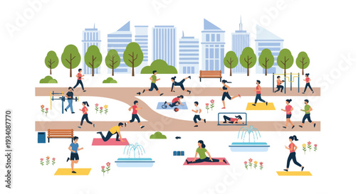 Urban Park Fitness Scene: People Exercising Outdoors in Cityscape