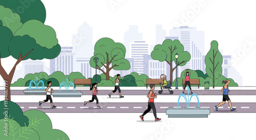 People exercising in a park with fountains and city skyline in background
