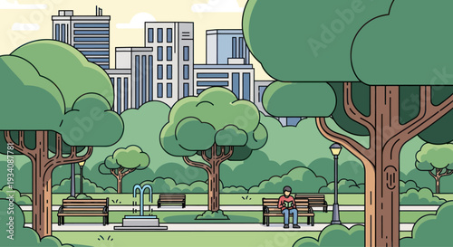 Man Reading Book in City Park with Trees and Buildings