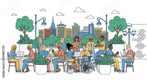 Diverse people working and socializing at outdoor cafe with city skyline background
