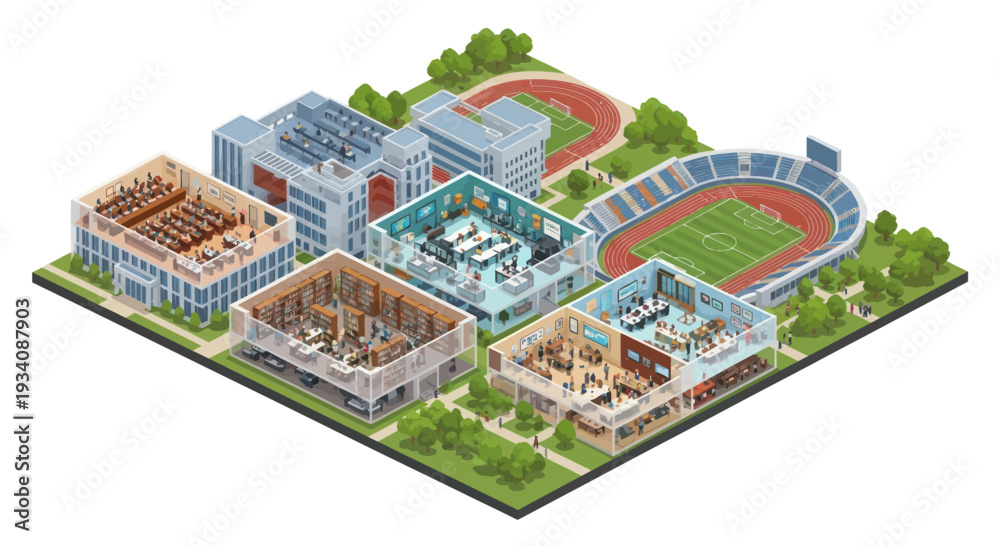Fototapeta premium Isometric University Campus with Buildings, Stadium, Library, Classrooms, GYM